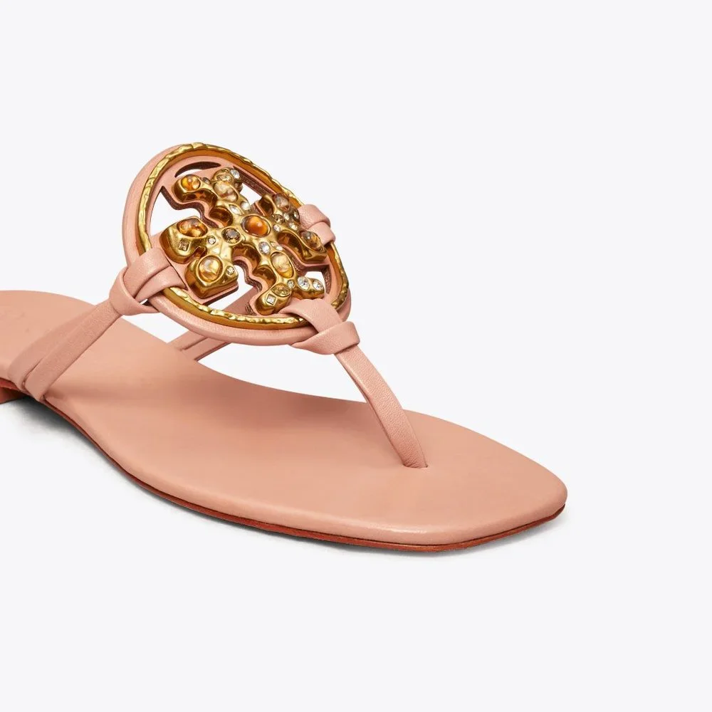 Tory Burch Miller Jeweled Leather Thong Sandals Meadowsweet Peachy Pink